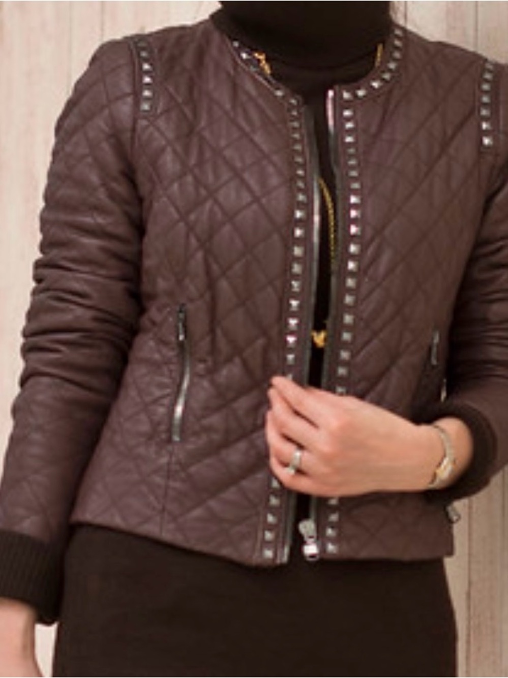 Rebecca Taylor Quilted Plum Stud-Trim Leather Jacket